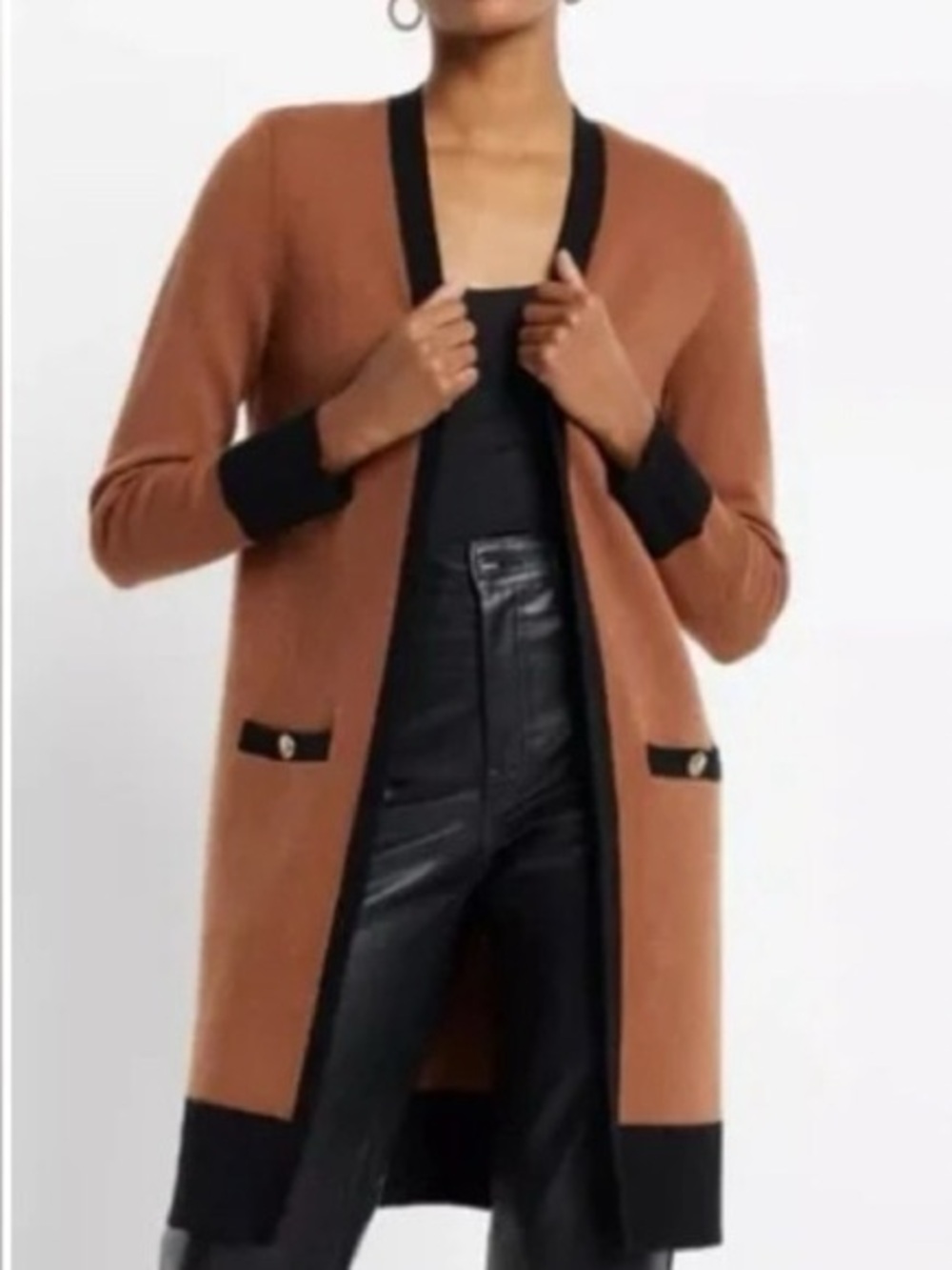 Express Camel Cardigan with Black Trim and gold hardware